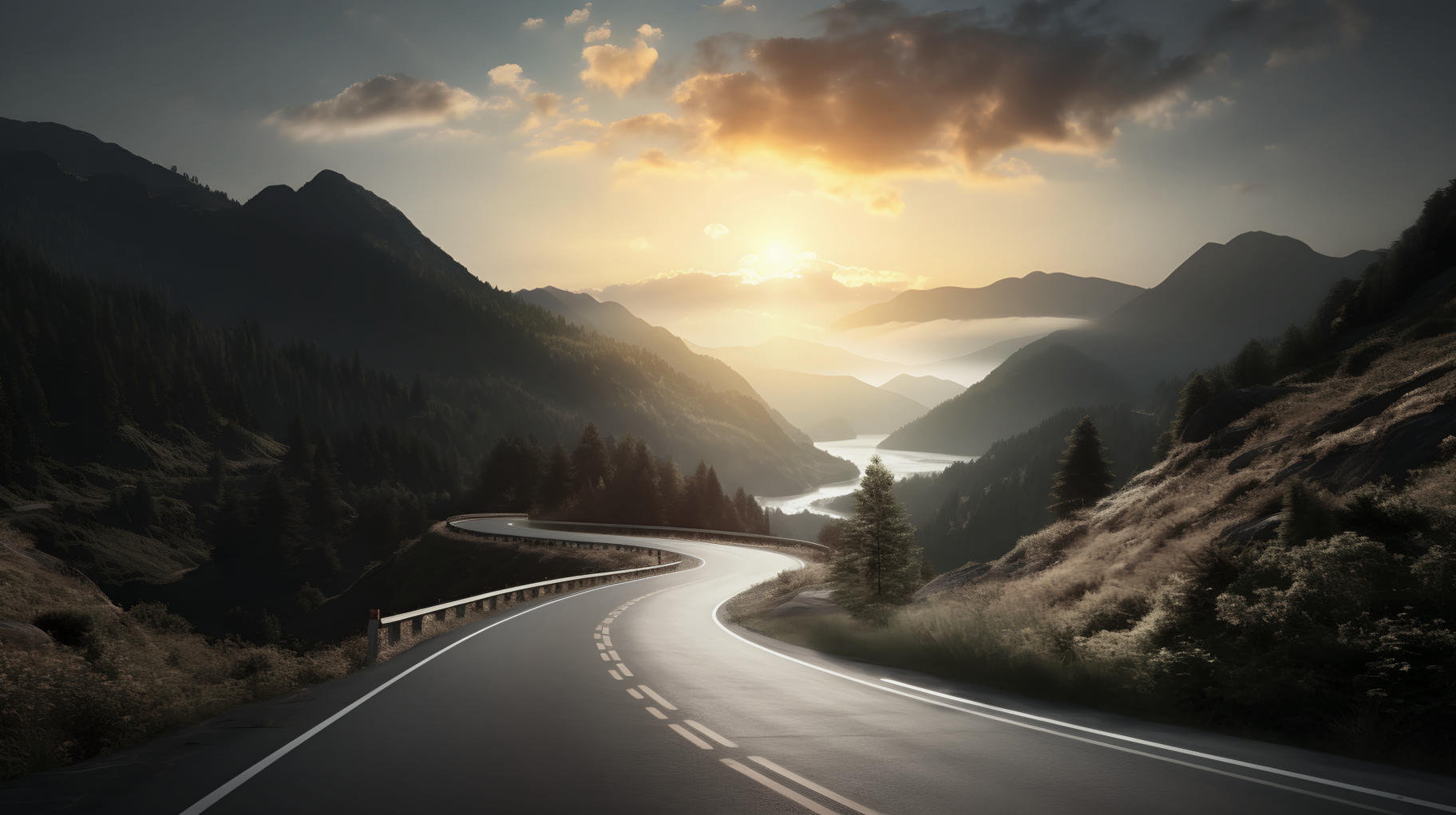 A beautiful winding road through the mountains at sunset